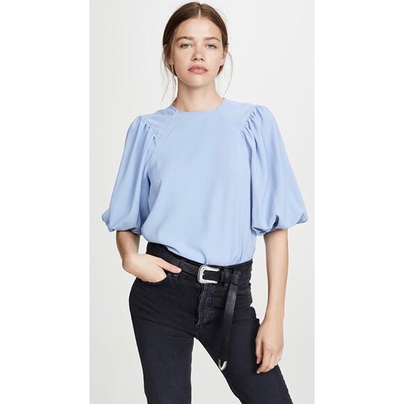 Ganni Crepe Balloon Sleeve Top in Forever Blue, Size 10 - Picture 3 of 13